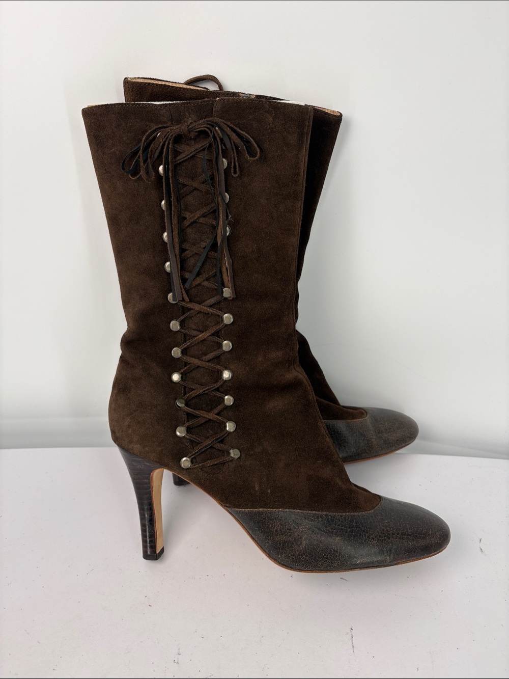 🥯 Maxstudio Dark Brown Suede Lace-Up Mid-Calf Heel Boots